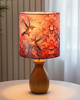 Rustic Wooden Dovel Pot Table Lamp with Printed Fabric Shade| Handcrafted Bedside Nightstand Light for Living Room, Bedroom, Office Cafe Home Décor,
