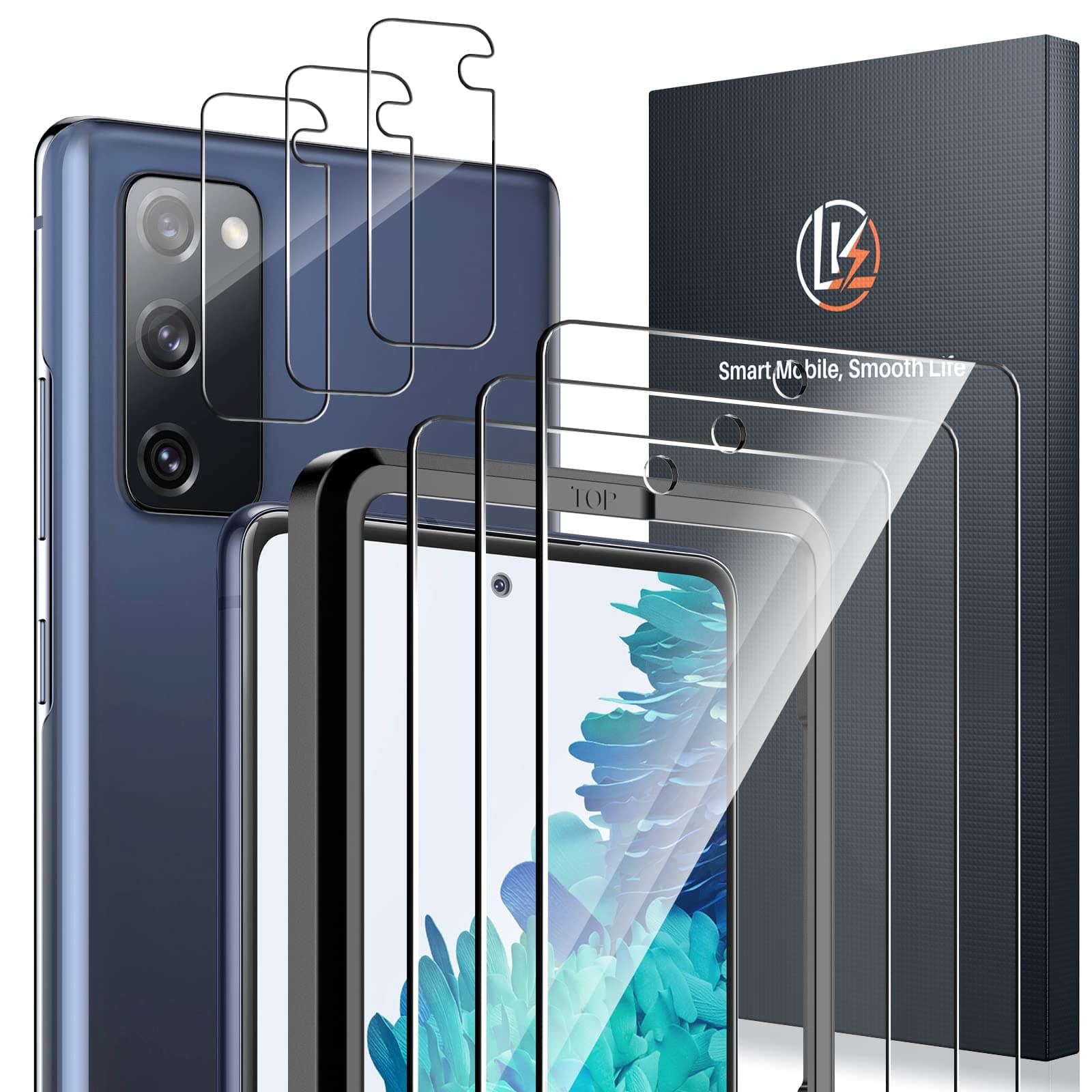 LK 3 Pack Screen Protector & 3 Pack Camera Lens Protector for Samsung Galaxy S20 FE 5G 6.5-inch, Tempered Glass, Easy Frame Installation, Support Fingerprint Reader, Case Friendly
