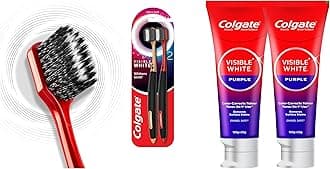 Visible White Purple Toothpaste for Teeth Whitening with Fluoride, Remove Surface Stains, Whitens Yellow Teeth, Enamel-Safe (240g) & Colgate Visible White O2 Manual Toothbrush (2Pc) Ultra Soft