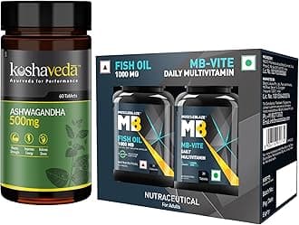 Koshaveda Ashwagandha 500mg (60 Tablets) Ayurveda for Performance, Ayush Approved With MB-Vite Daily Multivitamin, (30 Tablets) & Omega 3 Fish Oil 1000mg (30 Capsules) | Combo Pack