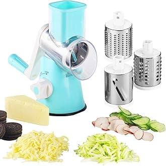 Cheese Grater Hand Crank - 3-in-1 Stainless Steel Rotary Grater & Shredder for Cheese, Vegetables, Nuts, Chocolate - Easy Crank Manual Food Grinder with Drum Slicer (Blue)