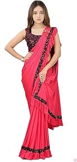 Dhyey fashion Fashionable Baby Girls Lycra Blend Saree with Velvet Unstitched Blouse Piece | Readymade Saree For Girls | Sarees For Girls