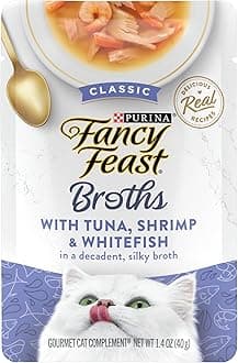 Fancy Feast Purina Broths Wet Cat Food Broth Complement, Classic With Tuna, Shrimp and Whitefish - (16) 1.4 oz. Pouches