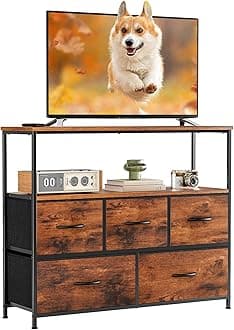 DUMOS TV Stand Dresser for Bedroom with 5 Fabric Drawer,Entertainment Center for 45 inch Television, Media Console Table with Storage, Open Shelf, Adjustable Feet, Living Room Furniture, Brown