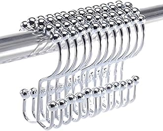 2lbDepot Shower Curtain Rings Hooks - Chrome Finish - Premium 18/8 Stainless Steel - Double Hooks with Easy Glide Rollers Rust Resistant Metal Hook, Six Finishes Available - Set of 12 for Shower Rods