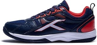 HUNDRED Raze Unisex-Child Badminton Shoes (Non Marking) | Lightweight & Durable | X-Cushion, Active Grip Sole, Toe Assist(Navy/Orange Red, 1 UK)