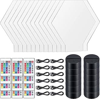 Riakrum 12 Pieces LED Light Base with Clear Acrylic Sheet 3D Night LED Lamp Display Base 16 Colors and 4 Modes Remote Control USB Cable for DIY Craft Room Bar Gift Lamp Light Set (Hexagon Sheet)