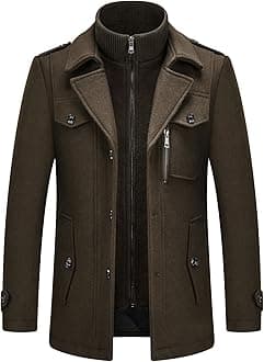 KUDORO Mens Wool Coats Short Winter Padded Trench Coat for Casual Business Outwear Thick Wool Blend Peacoat with Removable Inner Collar