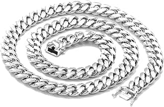 White Gold Cuban Link Chain Necklace for Men Real 14MM 14K Karat Diamond Cut Heavy w Solid Thick Plated Clasp US Made, Metal