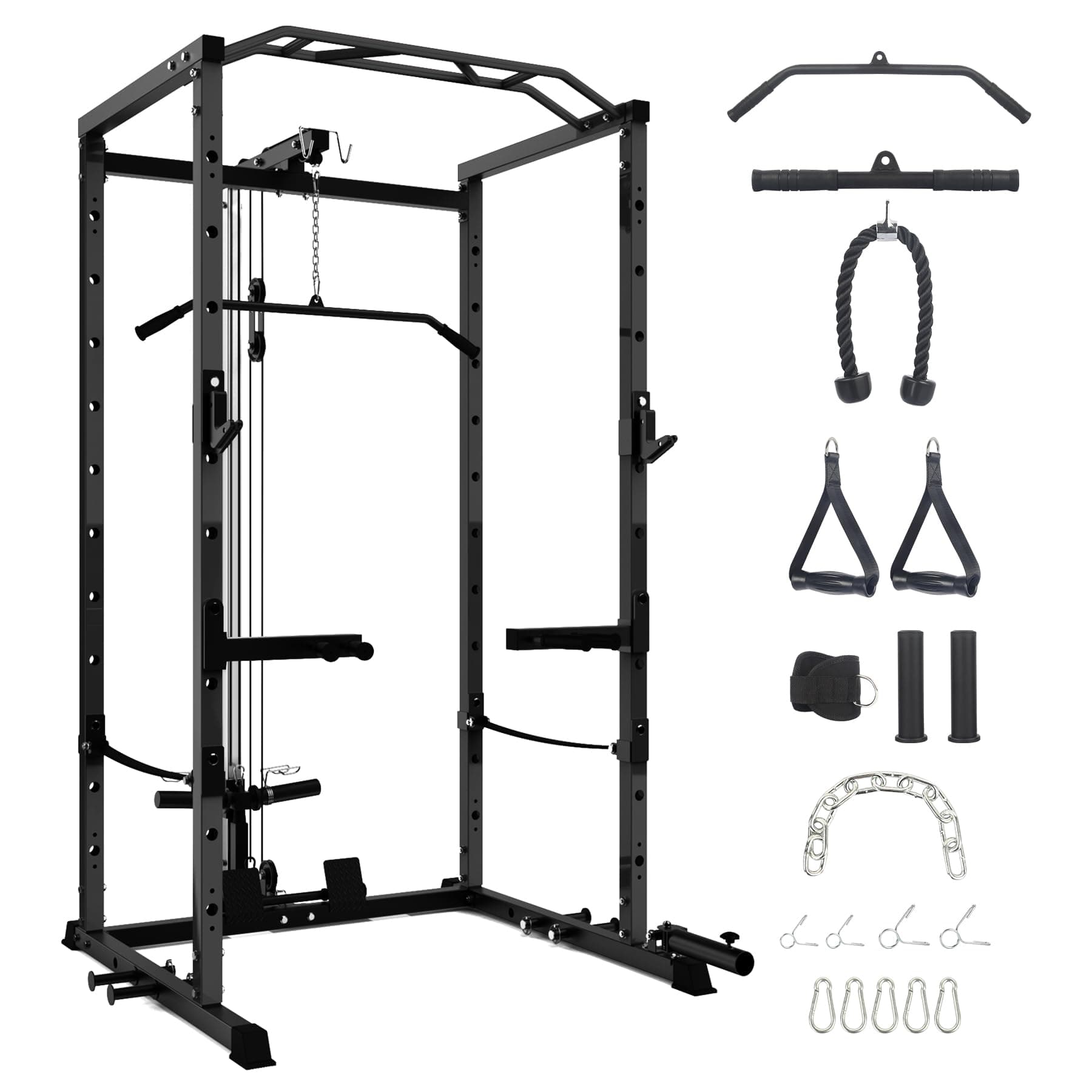GarveeLife Power Cage with Latte Pull, Multi-Function Power Rack with Cable Pulley System and J-Hooks, Squat Stand with Dip Bars and Mine Proof Mount, Weight Cage