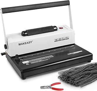 MAKEASY Coil Spiral Binding Machine 4:1 pitch - Manual Hole Punch - Electric Coil Inserter - Adjustable Side Margin - for Letter Size/A4/A5, Comes with 1 Box 5/16'' Plastic Coil Binding Spines & Plier