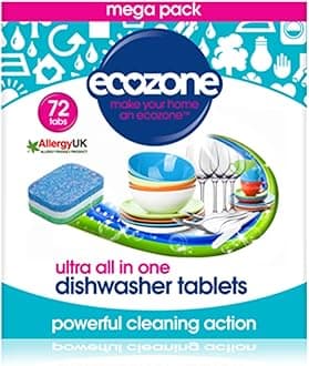EcoZone Ultra All-In-One Dishwasher Tablets, Effective Cleaning Formula Cuts Through Grease & Grime, Natural Vegan & Non Toxic Tabs, Plant Based Plastic-Free, Leaves No Residue (Box of 72 Capsules)