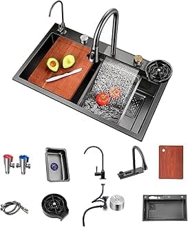 Kitchen Sink Flying rain Waterfall Stainless Steel Undermount Kitchen Sink Drop In Kitchen Sink Single Bowl handwheel thermostat switch (80 * 46 * 22cm)-F