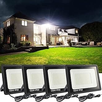 4Pack LED Flood Light Outdoor,100W LED Work Light 11000lmwith 6FT US Plug,IP66 Waterproof Exterior Security Lights,6000K Daylight White Outside Floodlights Slim Design for Playground Yard