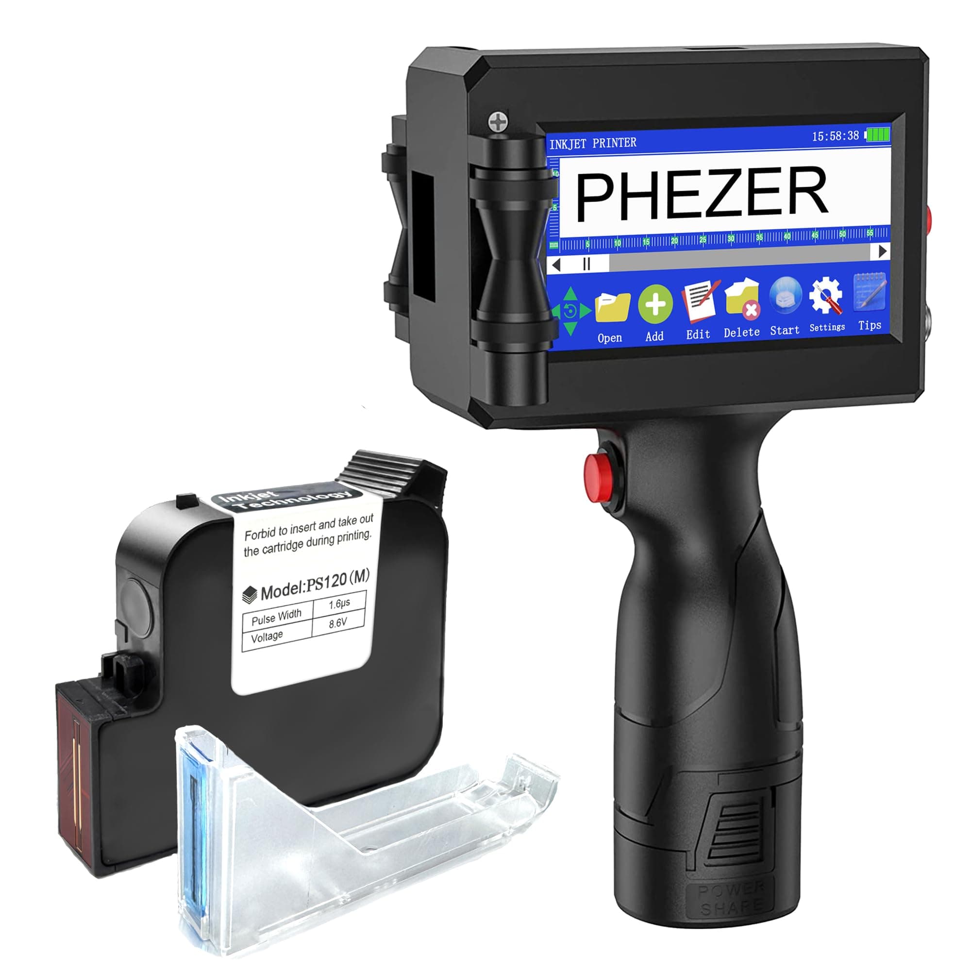 Phezer 1"/25.4mm Handheld Inkjet Printer for Flat Surface P15-1 Model QRCode Barcode Production Date Logo Batch Number Print Glass Bag Carton Box Wood Plastic Cable (25 Languages)