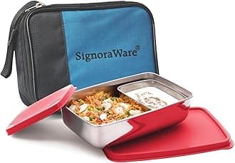 Signoraware Compact Stainless Steel Big Lunch Box with Bag | Two Compartment Tiffin | Airtight & Leakproof | Useful for Travelling & Outdoors | Best for Office & School Use (850Ml + 150Ml | Red)