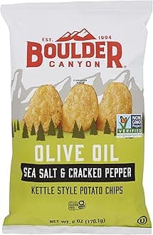 Boulder Canyon Kettle Cooked Potato Chips, Cooked in 100% Olive Oil, Wavy Canyon Cut, NON-GMO Verified, Gluten Free, Sea Salt & Cracked Pepper, 6 Ounce (Pack of 12)
