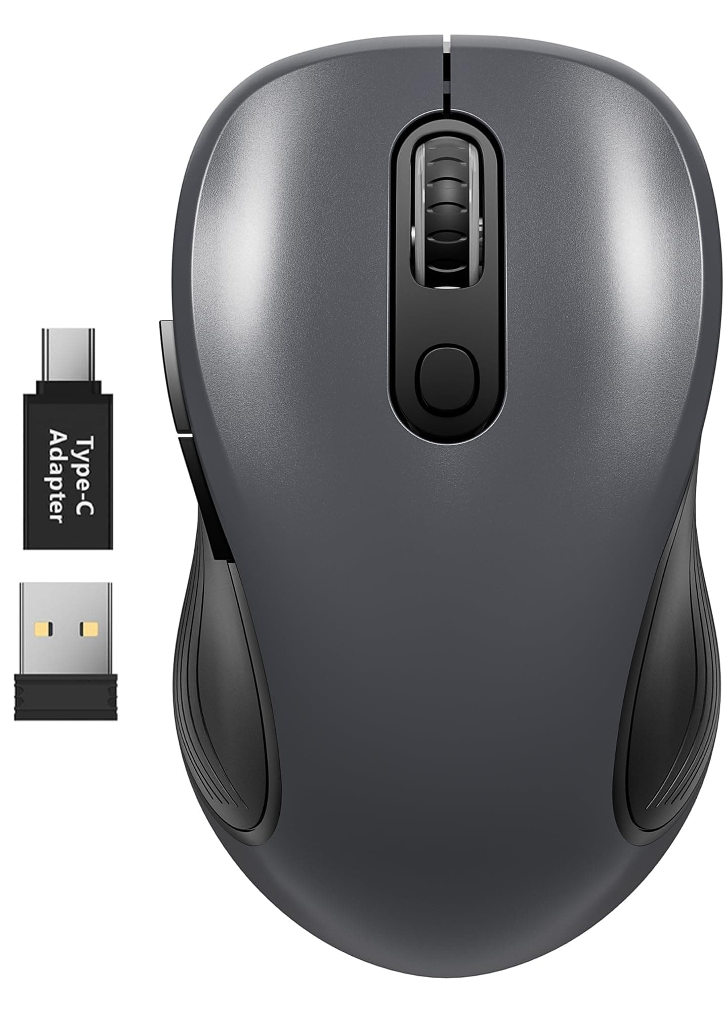WisFox 2.4G Wireless Mouse for Laptop, Ergonomic Computer Mouse with USB Receiver and Type-C Adapter, 3 Adjustable Levels, 6 Button Cordless Mice for Windows Mac PC Notebook (Grey and Black)