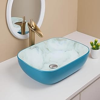 SEA SHORE Premium Designer Table Top Ceramic Wash Basin – Countertop Vessel Sink with Slim Rim for Bathroom/Living Room (18 x 13 x 5.5 Inch, Cyan & White Blue)