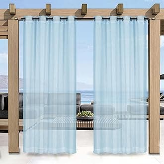 Outdoor Curtain for Patio, Blue Linen Look Semi-Sheer Curtains Waterproof Light Filtering Voile Outside Grommet Drapes for Pergola Balcony Pool Indoor 1 Panel, W52 x L84
