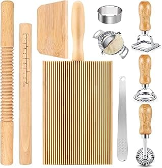 10 Pcs Pasta Making Tools Kit, Wooden Threaded Rolling Pin, Rolling Pin With Scales, Gnocchi Board, Dough Scraper, Dumpling Maker, 5 Ravioli Stamp Maker Cutter For Pasta Maker And Kitchen DIY Gift