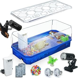Aquatic Turtle Tank Habitat Kit Stone+Filter+Heat Lamp Enhancing Interaction with 360° Viewing, Standalone Filtration, DIY Creative Zone, Enriched Living (Blue, Large[with Light])