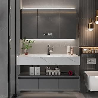 Bathroom Vanity Sink Set - Wall Mounted Floating Vanity Cabinet with Integrated Sink, Intelligent Vanity Mirror with Time Display, LED Lights & Defogging Function, 3 Soft-Close Doors (40IN)