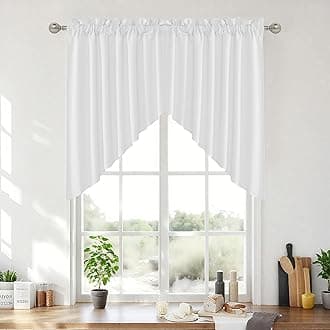 2 Panels Valance for Windows Thick Faux Linen Blended Light Filtering Privacy Protect Short Swag Topper for Kitchen Bathroom Cabinet, Rod Pocket, White, W 36 x L 36 inch
