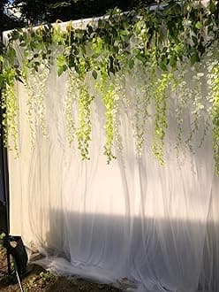 18pcs White Sheer Backdrop with Green & White Wisteria for Festive Home Decor Celebration Ganpati Pandal Decoration Kit for Home Backdrop for Pooja Decoration, Birthday