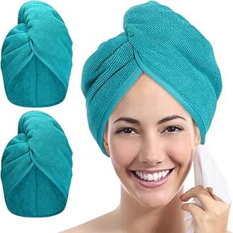 YoulerTex Microfiber Hair Towel Wrap - 2Pack Hair Head Drying Turban Curly Fast Absorbent Dry Anti Frizz Twist Plopping Long Shower Turban for Women with Button (Aqua Green)