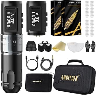 Tattoo Kit - Ambition Mars-U Wireless Tattoo Machine Kit with Adjustable Stroke 1800mAh Power with 40pcs Tattoo Cartridges Needles Ink Cup Gloves Bandage Practice Skin for Professional Tattoo Artists