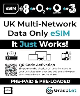 UK Multi-Network Data-Only eSIM | 12-Month Validity | Auto-Connects to Strongest Network: EE, Three, O2, or Vodafone | Compatible with eSIM Devices (1 GB - 12 Months)