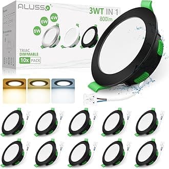 ALUSSO Black LED Downlights Dimmable 4W 6W 8W Selectable Slim Recessed Ceiling Lights, 3CCT 3000K Warm 4000K Neutral 6500K Cool Adjustable IP44 Spot Lights for Bathroom Kitchen, 10 Pack