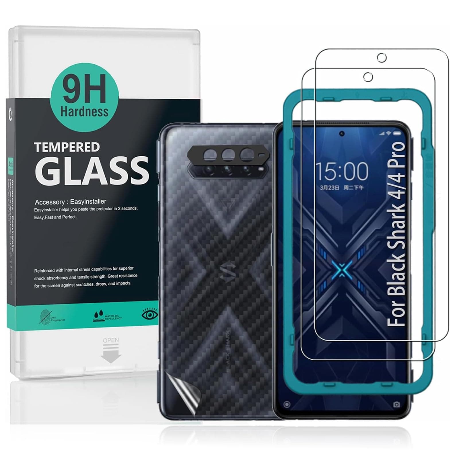 Screen Protector (2 Pack) For Blackshark 4/4 Pro,9H Hardness Tempered Glass,With 1Pc Metal Camera Lens Protector,1Pc Back Protector,Easy to Install