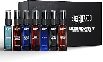 Beardo Legendary 7 Assorted Perfume Gift Set for Men 7X8ml with Long Lasting Fragrances | Travel Pack with Mariner Whisky Smoke Dark Side God Father Tsunami & Black Musk | Rakhi Gift for Brother | Gift for boyfriend | Gift for Men | Gift for Brother
