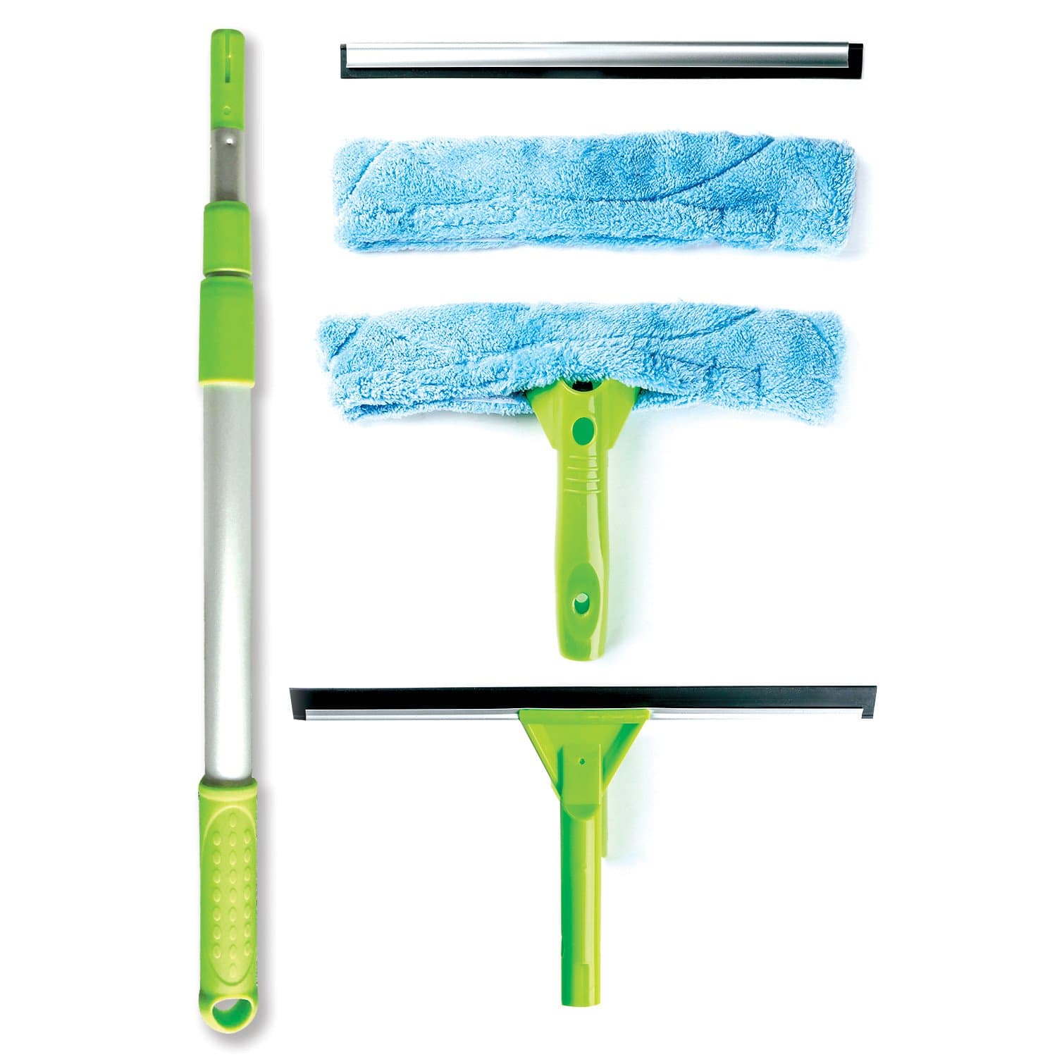 Telescopic Window Cleaning Kit with Super Squeegee and 3 Section Aluminum Extension Pole, Lightweight All-in-One 5 Piece Set - Microfiber Glass Washer Brush -2, Soft Rubber Strip -2, Best for Windows