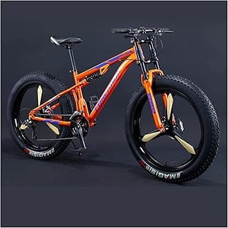 Mountain Bikes Men 26 Inch Adult Fat Tyre Mountain Bike with Full Suspension, High-carbon Steel Large Frame Dual Disc Brake Giant Bicycle,Orange 3 Spoke,21 Speed