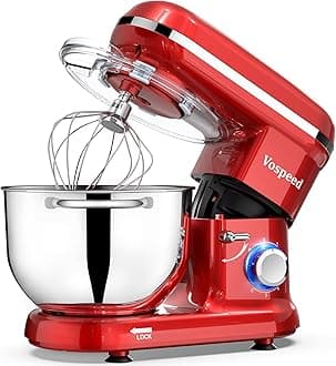 Stand Mixer, Vospeed Food Mixer Dough Blender, 6.2L Electric Cake Mixer with Bowl, Beater, Hook, Whisk, Egg Separator & Silicone Spatula, Dishwasher Safe (Red)
