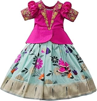 Satin New South Indian Traditional Collar Digital Pattu Pavadai Readymade Lehenga Choli For Girl's Dress