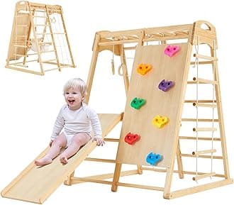 FUNLIO 8-in-1 Wood Indoor Playground for Kids 3-8 Years, Larger & Heavier Climbing Toys with Solid Pine, Indoor Gym for Kids with Swing/Slide/Climbing Rock/Net/2 Ladders/Monkey Bars/Gymnastic Rings