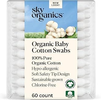 Organic Baby Cotton Swabs for Baby, 100% Pure Organic Cotton, GOTS Certified Organic Cotton, 60 Count
