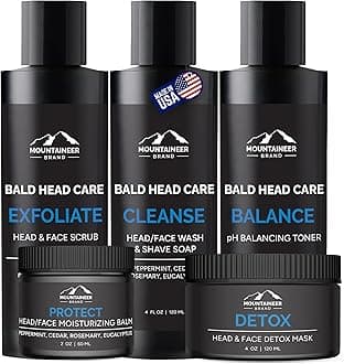 Mountaineer Brand Ultimate Bald Head Care Gifts Bundle For Men | All Natural 5 Step Skin Care for Healthy Scalp & Face | Exfoliate Scrub | Cleanse Wash | Shine Away | Moisturizing Balm | Detox