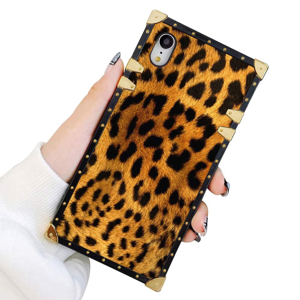 Square Case Compatible iPhone XR Leopard Print Luxury Elegant Soft TPU Shockproof Protective Metal Decoration Corner Back Cover Case iPhone XR Case 6.1 Inch