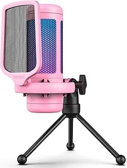 TONOR Gaming Microphone Set, USB Condenser Mic for PC with Stand, Controllable RGB Lighting Modes & Brightness, Quick Mute, Volume Control, for Twitch Streaming, Discord, Desktop Stand, Pink, TC310