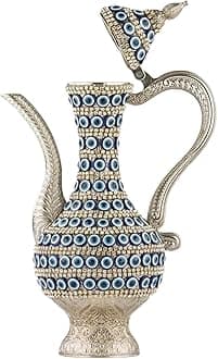 Steel Water Bottle Pitcher with Zirconia Stones | Handmade Metal Carafe Water Tea Coffee Jug Vintage Bottle | Turkish Ottoman Zamzam Pitchers (470 ML / 16 Oz, Evil Eye and Zirconia, Silver Color)