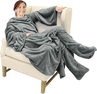 Catalonia Wearable Fleece Blanket with Sleeves and Foot Pockets for Adult Women Men, Micro Plush Comfy Wrap Sleeved Throw Blanket Robe Large, Grey