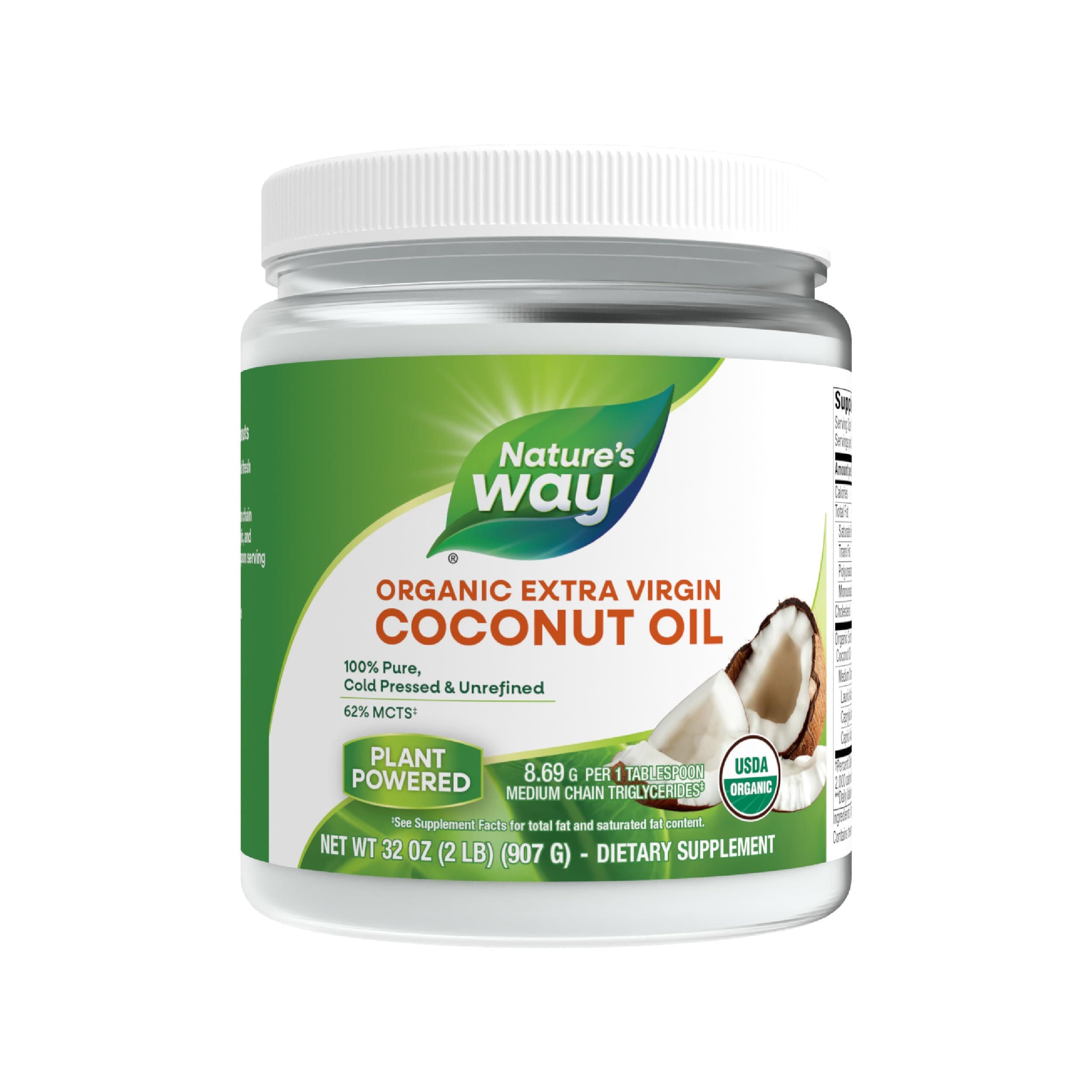Nature's Way USDA Organic Extra Virgin Coconut Oil, Organic Virgin Coconut Oil, Pure, Cold-Pressed, Hexane Free, Gluten Free, Contains 62% MCTs, Non-GMO Project Verified, 32 Oz (Packaging May Vary)