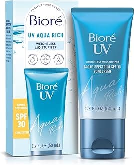Biore UV Aqua Rich SPF 30 PA+++ Daily Moisturizer Sunscreen for Face, For Sensitive Skin, Oil Free, Hyaluronic Acid, Vegan, Oxybenzone & Octinoxate Free, Dermatologist Tested, 1.7 Oz