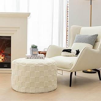 Round Pouf Ottoman Boho Poof Home Decor Floor Pouffe Ottoman Foot Rest for Couch Sofa Bean Bag Chairs Living Room Bedroom 20 x 20 x 14 Inches Ivory Checkered Pouf with Filler