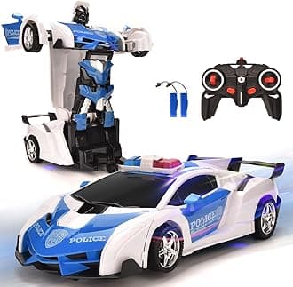 Transform Remote Control Car,2.4GHz Robot RC Cars,1:18 Scale Police Car Toy One-Button Deformation & 360° Rotating Drifting for Kids Boys Age 4-7 8-12 Birthday Xmas Gift (Police Blue)